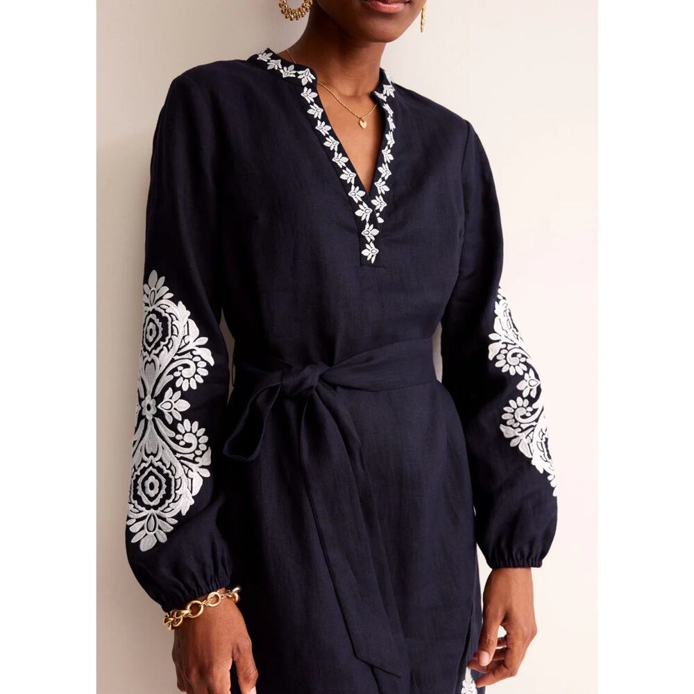 Boden Cleo Embroidered Linen Dress Navy White Long Sleeve Belted Size 14 - Picture 4 of 10